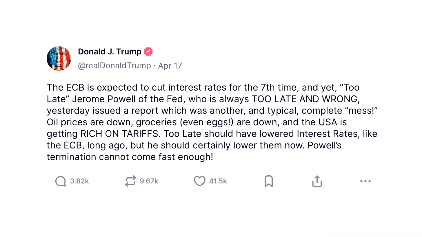 Et opslag på det sociale Truth Social, hvor Donald Trump skriver Jerome Powell burde have sænket renterne for længst.