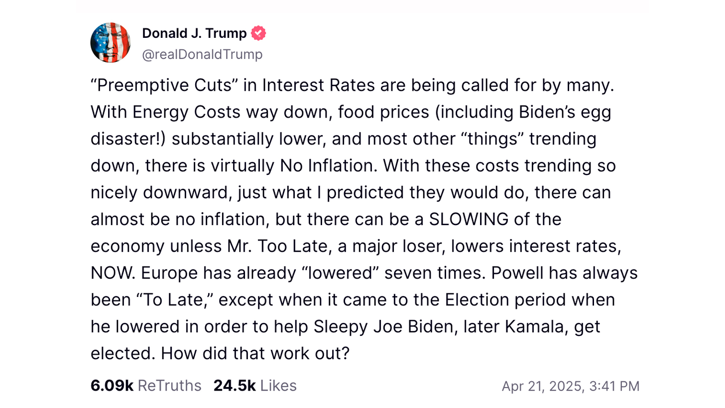 Et opslag på det sociale Truth Social, hvor Donald Trump skriver at der ikke er inflation i USA